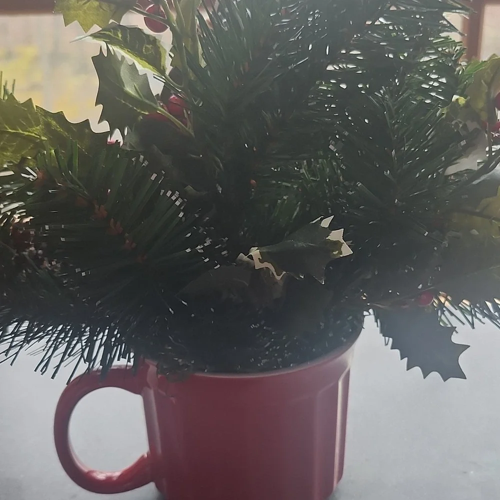 Artificial Pine and Holly Christmas Arrangement in Red‎ Mug with Snowman